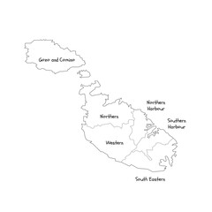 Malta political map of administrative divisions - regions. Handdrawn doodle style map with black outline borders and name labels.