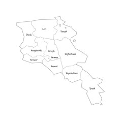 Armenia political map of administrative divisions - provinces and autonomous city of Yerevan. Handdrawn doodle style map with black outline borders and name labels.