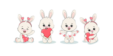 Obraz na płótnie Canvas set of cute cartoon bunny with a heart on white background. Rabbit with heart.Valentine's day card.