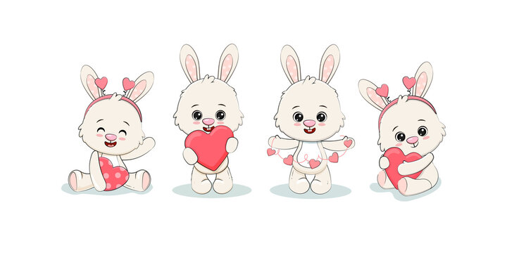 set of cute cartoon bunny with a heart on white background. Rabbit with heart.Valentine's day card.