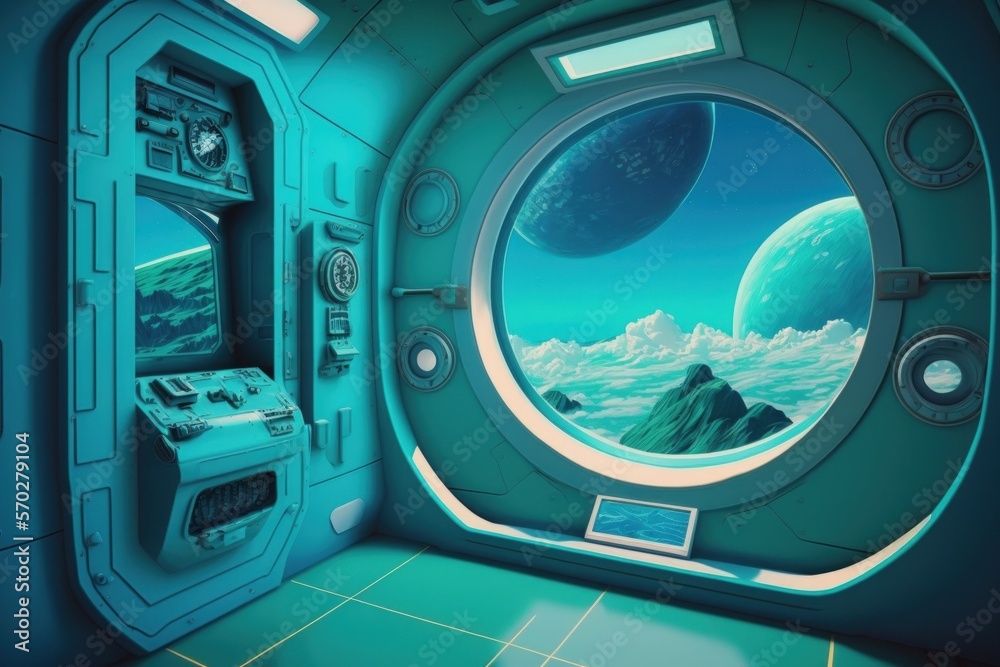 Wall mural blue interior of a spaceship with a green background and a window view. generative ai