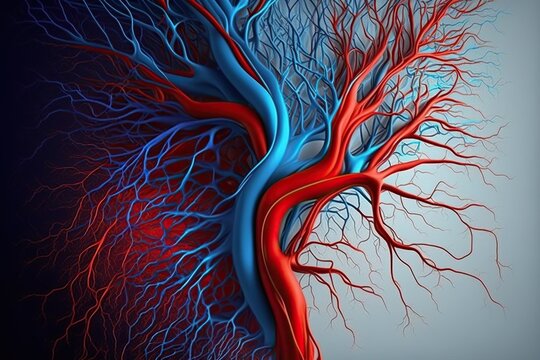 Representation of circulation of blood with bright red and blue veins and arteries, concept of Vascular System and Circulatory System, created with Generative AI technology