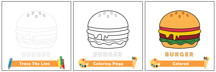 trace and color for kids, coloring book for kids, burger vector.