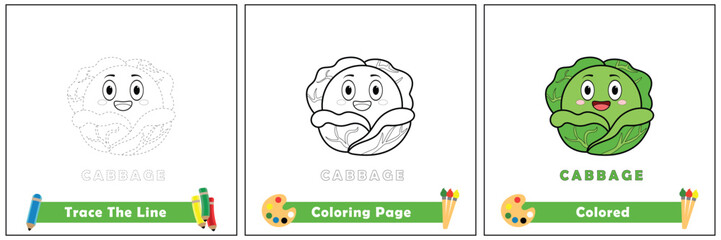 trace and color for kids, coloring book for kids, cabbage kawaii vector.