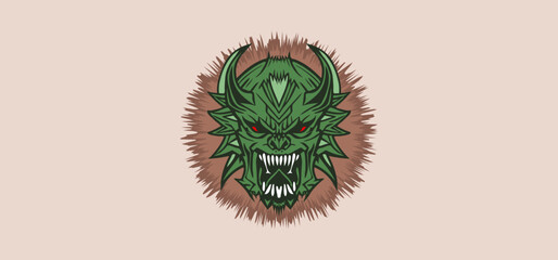 Vector horrible green horned monster head with spikes and open toothy mouth. Sticker, logo or scary icon.