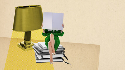 Contemporary art collage. Creative design. Woman in green dress sitting on many books and reading near big lamp. Education and leisure time. Concept of retro style, vintage, creativity, surrealism