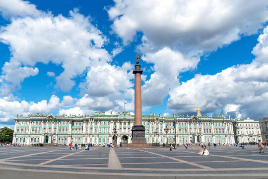Winter Palace (Hermitage) and Alexander column on Palace square in St. Petersburg, Russia