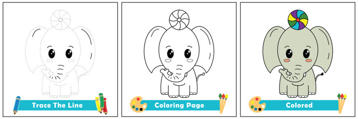 trace and color for kids, coloring book for kids, elephant kawaii vector.