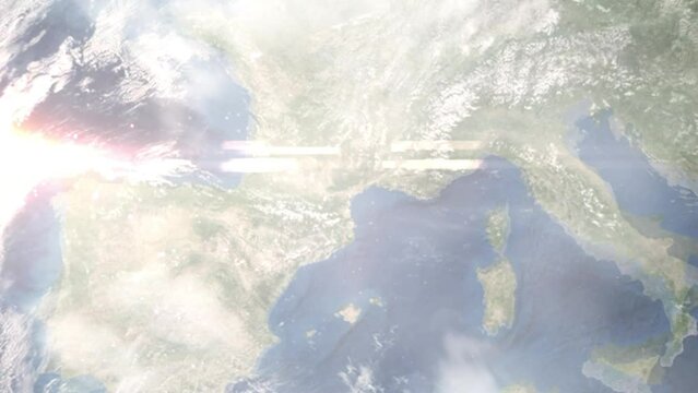 Earth zoom in from outer space to city. Zooming on Narbonne, France. The animation continues by zoom out through clouds and atmosphere into space. Images from NASA