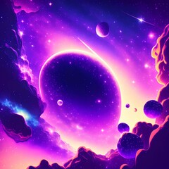 Obraz na płótnie Canvas Space galaxy background with saturn planet and asteroids, cartoon universe texture. Vector starry futuristic surface with purple nebula, cosmos dust scenery. Deep purple sky with stars - generative ai