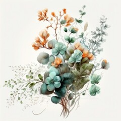 a bouquet of flowers and plants on paper painted in watercolor on a light background Generative AI