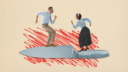 Contemporary art collage. Creative design. Man and woman dancing on knife, meaning family quarrels...