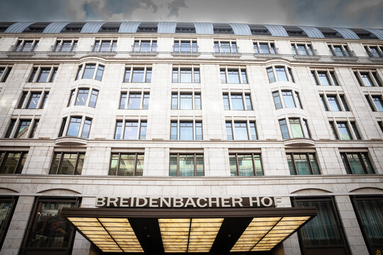 DUSSELDORF, GERMANY - NOVEMBER 7, 2022: Breidenbacher hof hotel entrance with a focus on its signage. Breidenbacher hof is a luxury hotel in the center of Dusseldorf.