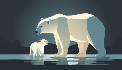 The white bear and her cub bear walks through the snow. Mother and child. The glacier, snow-covered plains. Starry night in the North. Landscapes of the Arctic.