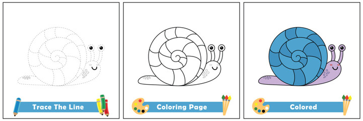 trace and color for kids, coloring book for kids, snail kawaii vector.