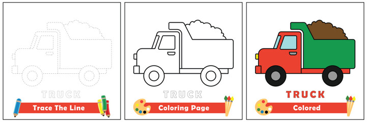 trace and color for kids, coloring book for kids, truck vector.