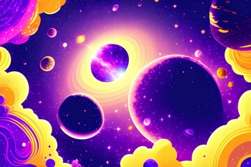 Fototapeta premium Space galaxy background with saturn planet and asteroids, cartoon universe texture. Vector starry futuristic surface with purple nebula, cosmos dust scenery. Deep purple sky with stars - generative ai
