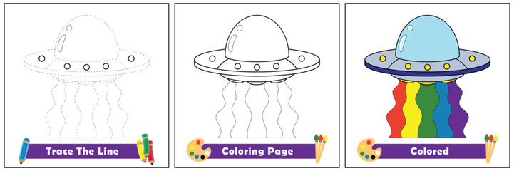 trace and color for kids, coloring book for kids, ufo vector.