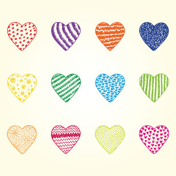 Hearts Set. Colorful Hearts icons. Hand drawn doodles Vector illustration. Happy Valentine's day.