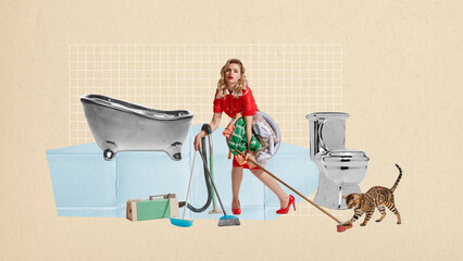 Contemporary art collage. Creative design. Beautiful stylish young girl doing domestic duties, cleaning house, doing laundry. Concept of retro style, vintage, creativity, surrealism - obrazy, fototapety, plakaty