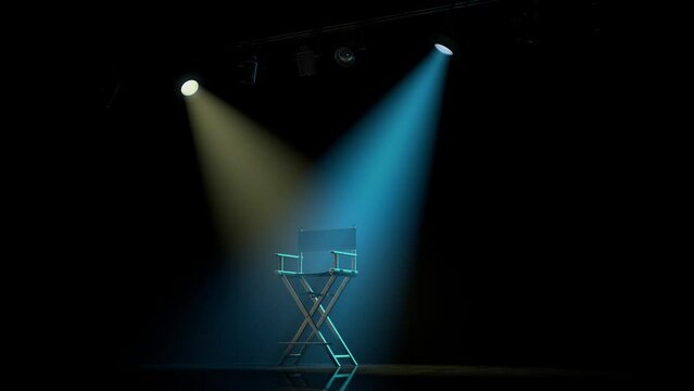 Animation of wooden director chair in dark stage with colorful flickering spotlights on it. 3d rendering.