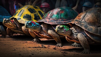 slow turtle seriously run racing on road, Generative Ai - obrazy, fototapety, plakaty