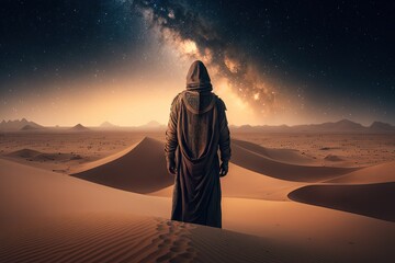 a pilgrim journey of a man walking through the sand desert under galaxy sky, Generative Ai - obrazy, fototapety, plakaty