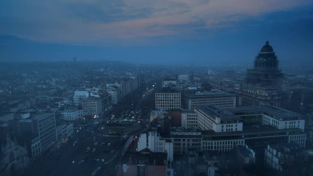 Foggy morning in Brussels. 4K time lapse video in the early morning traffic. View from above in Brussels, Belgium.
