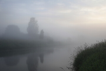 Obraz na płótnie Canvas Morning rural landscape with fog over the river.