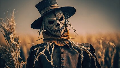 Frightening closeup of a scarecrow in a corn field generative ai  - obrazy, fototapety, plakaty