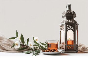 Islamic lantern with flower and tea on white background. Ramadan kareem concept. Generative AI.