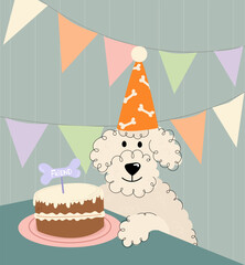 Dog birthday party.  Dog celebrates his birthday. Dog in a party hat with cake.Happy Birthday hand draw greeting card with dog and cake.