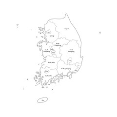 South Korea political map of administrative divisions - provinces, metropolitan cities, special city of Seolu and special self-governing cities of Sejong. Handdrawn doodle style map with black outline