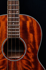 Close-up of an acoustic bass guitar