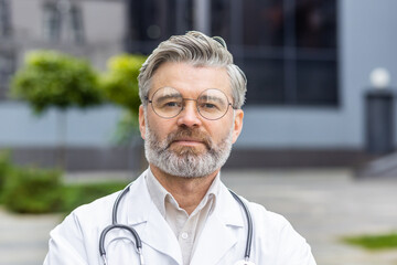 Close-up portrait of mature man in medical coat, senior doctor thinking and looking at camera near...