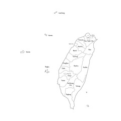 Taiwan political map of administrative divisions - provinces and special municipalities. Handdrawn doodle style map with black outline borders and name labels.