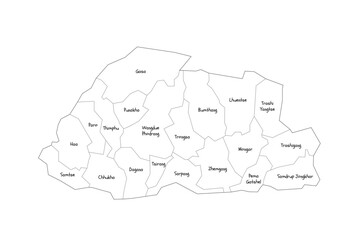 Bhutan political map of administrative divisions - districts. Handdrawn doodle style map with black outline borders and name labels.