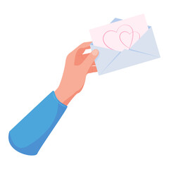 Valentine's Day illustration. The hand holds a letter with a valentine. Declaration of love in writing. Vector illustration, flat image, top view