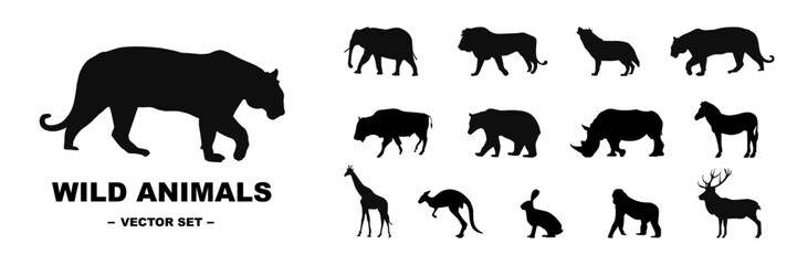 Animal silhouettes. Set of wild animals. Vector