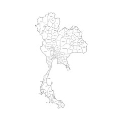 Thailand political map of administrative divisions - provinces. Handdrawn doodle style map with black outline borders and name labels.