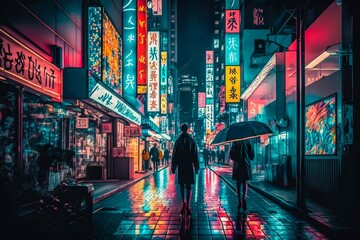 Neon night city street in Tokyo. Generative AI