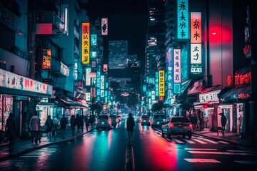 Fototapeta na wymiar Neon night city street in Tokyo. Generative AI