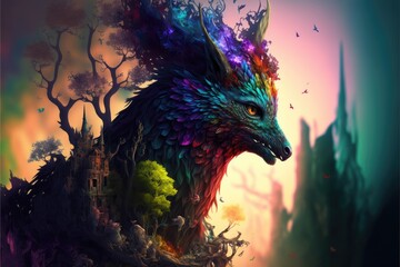 Fototapeta premium Fantasy landscape with a wolf