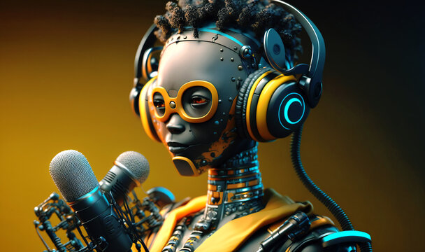 An optimistic ethnic robot records a podcast as a radio host with bright yellow headphones and glasses