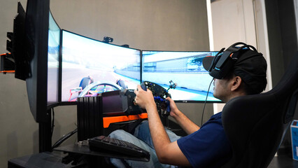 professional gamer playing online car racing