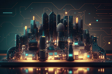 Smart city on circuit board background. Futuristic cyberspace concept. Generative Ai night city skyline