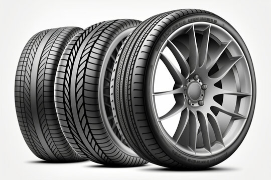 Car Tires With A Great Profile In The Car Repair Shop. Set Of Summer Or Winter Tyres In Front Of White Fond. On White PNG Background