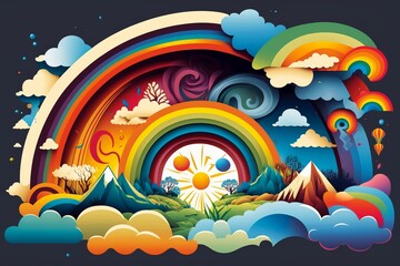 Hippie 60s 70s graphic design. Over the rainbow hippie vibes as retro stylish rainbow, clouds, wavy psychedelic doodle color background. Vintage happy abstract atmosphere. 1960s, 1970s, Generative AI