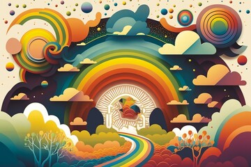 Hippie 60s 70s graphic design. Over the rainbow hippie vibes as retro stylish rainbow, clouds, wavy psychedelic doodle color background. Vintage happy abstract atmosphere. 1960s, 1970s, Generative AI