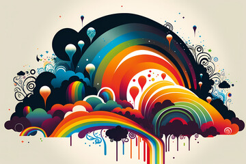 Hippie 60s 70s graphic design. Over the rainbow hippie vibes as retro stylish rainbow, clouds, wavy psychedelic doodle color background. Vintage happy abstract atmosphere. 1960s, 1970s, Generative AI